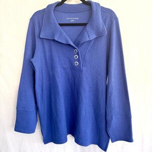 Soft Surroundings Blue Shirt Size Medium 1/4 Snap Front Waffle Knit Casual New